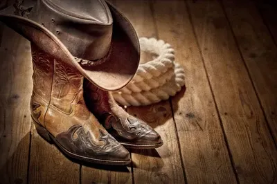 A cowboy hat and cowboy boots lay next to some rope.